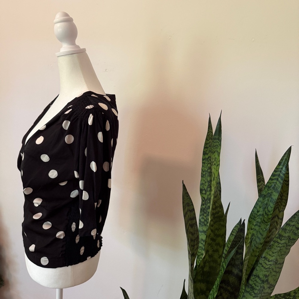 Anthropologie | Black and White Polka Dot Smocked Waist Blouse - Picture 2 of 11